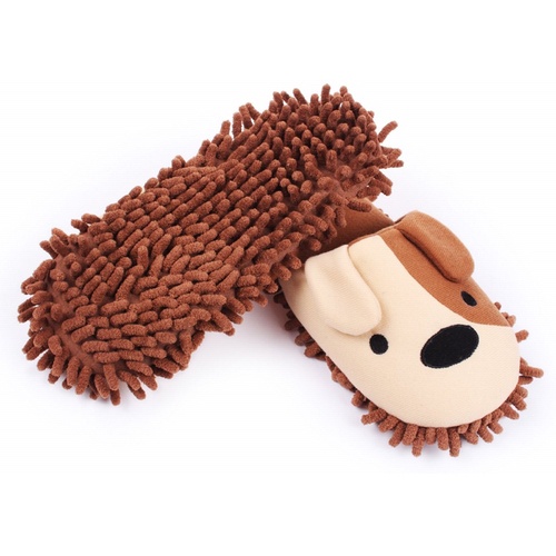 HomeTop Plush Fluffy Cute Animal Microfiber Mop Cleaning House Slippers, Shoes For Women 8-9 (L, Brown / White Dog)